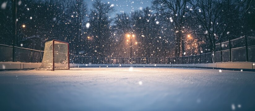 A hockey net stands alone on a snowy rink under the falling snow and streetlights.