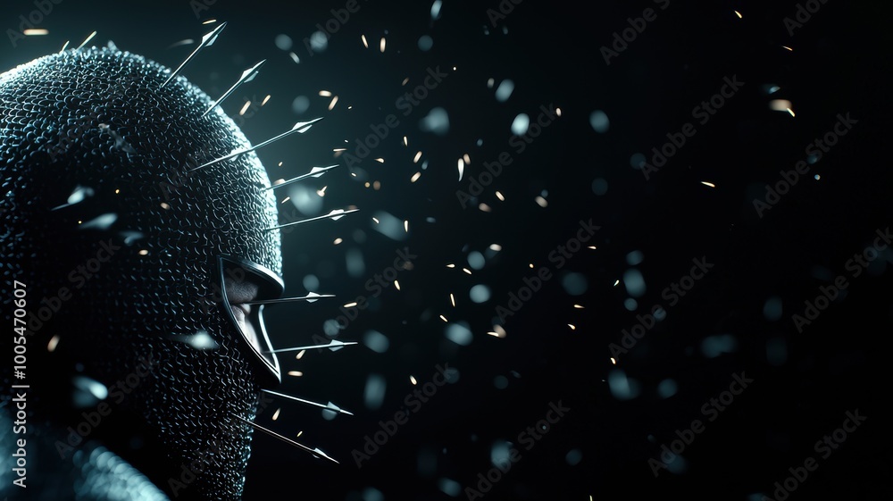 Poster armor-clad figure with piercing elements in dark setting