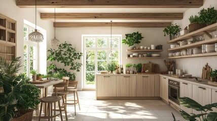 Bright and airy kitchen showcasing natural materials, greenery, and modern design for a cozy, inviting atmosphere.