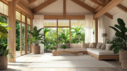 Fototapeta premium Bright and airy living room with natural light, wooden accents, and lush greenery, creating a serene indoor atmosphere.
