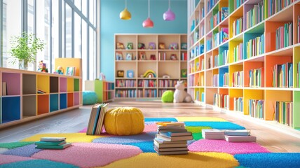 Bright and colorful children's library filled with books, playful decor, and cozy reading areas designed for young readers.