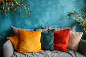 Minimalistic living room interior with stylish decorative pillows on cozy grey sofa near blue wall