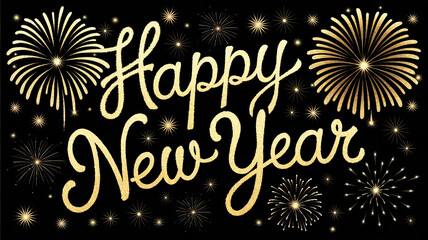 Happy new year gold glitter lettering with fireworks on black background