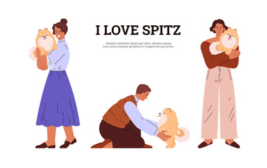 Cute Spitz dog with owner, Pomeranian German breed puppy human best friend, vector cartoon small fluffy pet I love Spitz