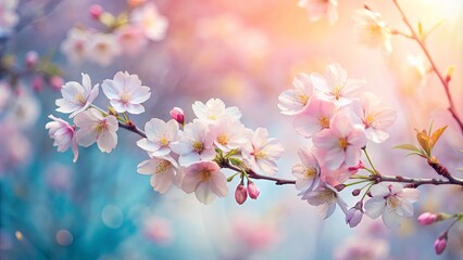 Fototapeta premium Delicate pink blossoms against a soft pastel backdrop, bathed in the golden glow of the setting sun.