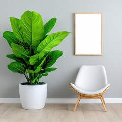 A photostock images of a minimalistic living room with neutral decor, framed artwork on the walls, and a large indoor plant
