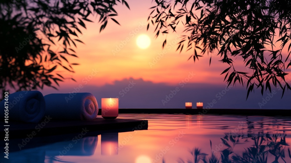 Canvas Prints A serene scene of a pool with candles and towels on the edge. The candles are lit and the sun is setting, creating a peaceful atmosphere