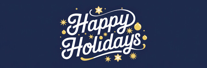 Happy holidays white lettering with golden stars and baubles on blue christmas background banner or header