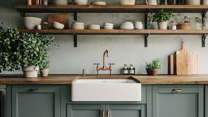 Charming kitchen scene featuring a farmhouse sink, wooden shelves, and lush greenery that adds warmth and beauty to the space.