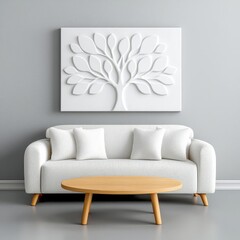 A photostock images of a modern living room with a comfortable sofa, light wood coffee table, and abstract wall art