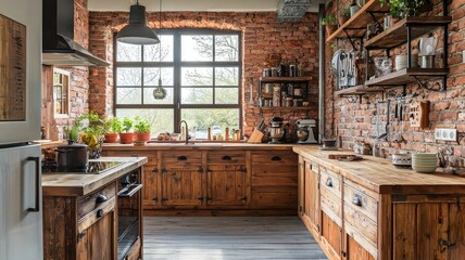 Charming rustic kitchen featuring wooden cabinets, brick walls, and natural light, perfect for cozy cooking experiences.