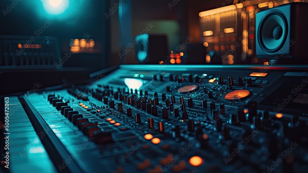 Poster close-up of a mixing console in a modern recording studio with colorful lights and professional audi