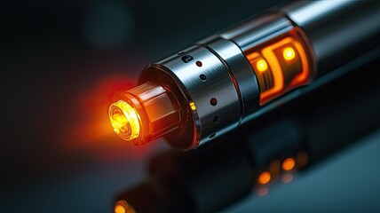 Close-up of a futuristic glowing weapon with an orange light. Sci-fi, technology, weapon.