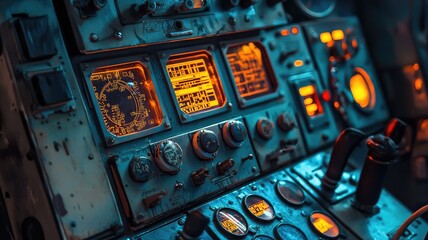 Close-up of an intricate control panel, featuring glowing buttons, dials, and screens that reflect technological details.