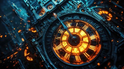 Obraz premium Close-up of an intricate clock face with glowing elements and gears, showcasing the beauty of vintage timekeeping.