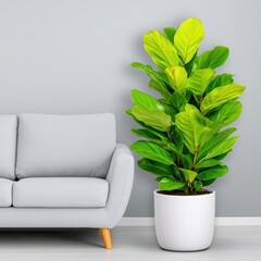 A photostock images of a modern living room with a gray sofa, white walls, and a large indoor plant for decoration