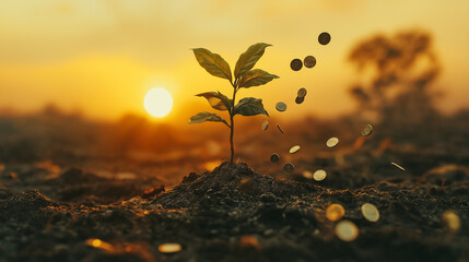 A simple but powerful image of a young plant growing into a tree, with coins falling like leaves. v3