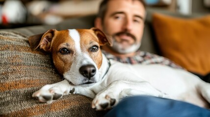 Obraz premium Dog lounging on a couch with owner, cozy indoor setting, comfortable atmosphere.
