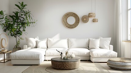 Stylish living room interior with coffee table and white sofa with decor