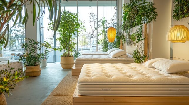 An environmentally friendly bed store with mattresses made from organic materials, showcased in a room with natural lighting and air-purifying plants