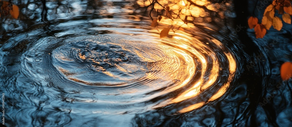 Poster ripples on the water's surface, creating circular patterns of light and dark.