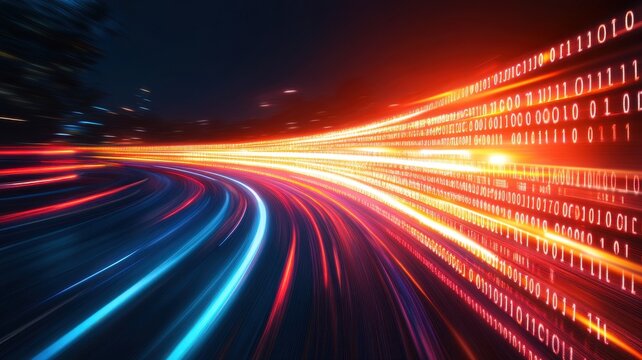Dynamic light trails with binary code, creating a modern digital vibe.