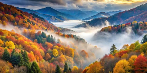 Obraz premium Autumnal Mountain Mist Enchanting Valley with Vivid Colors