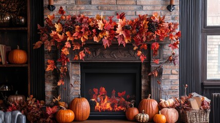 Cozy autumn scene featuring a fireplace adorned with colorful leaves and pumpkins, creating a warm and inviting atmosphere.