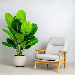 A photostock images of a stylish living room with light wood furniture, neutral tones, and a large indoor plant