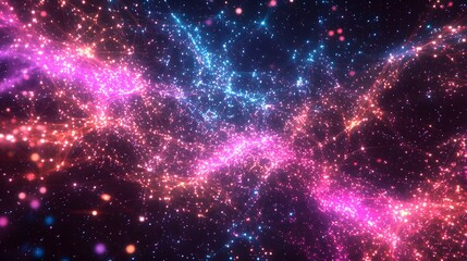 Abstract cosmic background with pink and blue glowing particles and interconnected lines