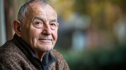 Elderly man smiling warmly, natural light, detailed background, soft focus.