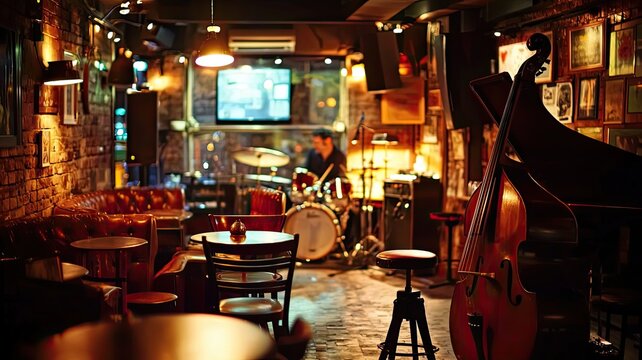 Cozy night scene in a jazz bar featuring a drum set and bass, perfect for conveying musical ambiance and nightlife vibes.