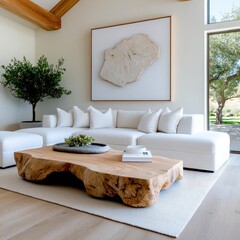 A photostock images of a bright living room featuring white furniture, a large framed art piece, and wooden decor elements