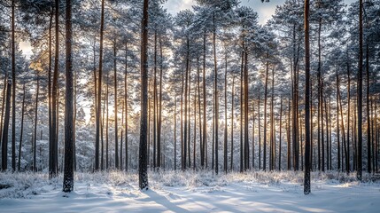 A snowy pine forest bathed in the golden light of the setting sun.