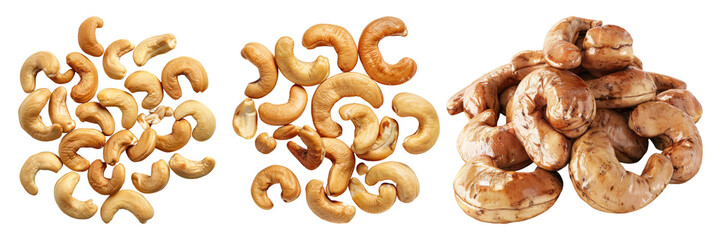 Roasted cashew nuts isolated on transparent background