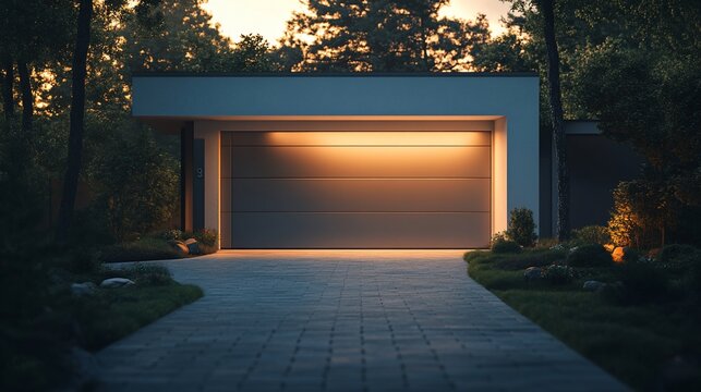 Modern garage door with light on in a residential driveway at dusk.