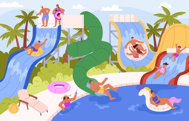 Happy people in water park, enjoy aquapark vector flat illustration, sliding down a water slide pipes in swimming pool