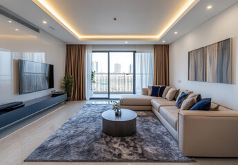 Modern living room in Dubai with large windows and sea view. A sofa and coffee table are in the center of the photo, showcasing a minimalistic interior design style. Created with Ai
