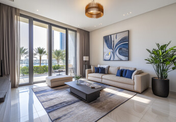 Fototapeta premium A modern and minimalist living room in Dubai with large windows overlooking the city. Beige walls with blue accents, grey carpet on the floor, a sofa facing a TV set up. Created with Ai