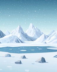 Fototapeta premium A snow-covered mountain range with a frozen lake in the foreground.