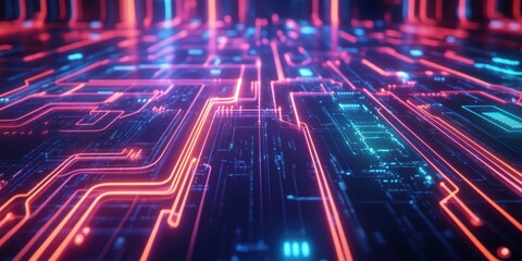 Fototapeta premium a computer circuit with neons and red lights