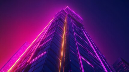 Neon-Lit Modern Skyscraper at Night with Vibrant Pink and Purple Lights Against a Dark Sky
