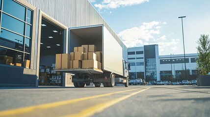 Delivery truck unloading boxes at warehouse dock under bright blue sky.