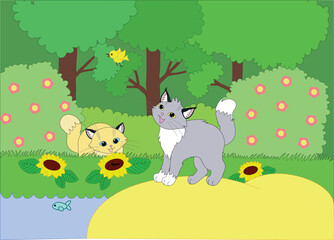 beige and grey cat enjoying summer blooming forest among sunflower flowers