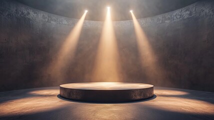 Dramatic stage with spotlight beams illuminating a circular platform in an atmospheric setting, perfect for performances.