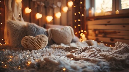 A cozy setting with heart shaped pillows on a fluffy blanket surrounded by plush toys and warm ambiance