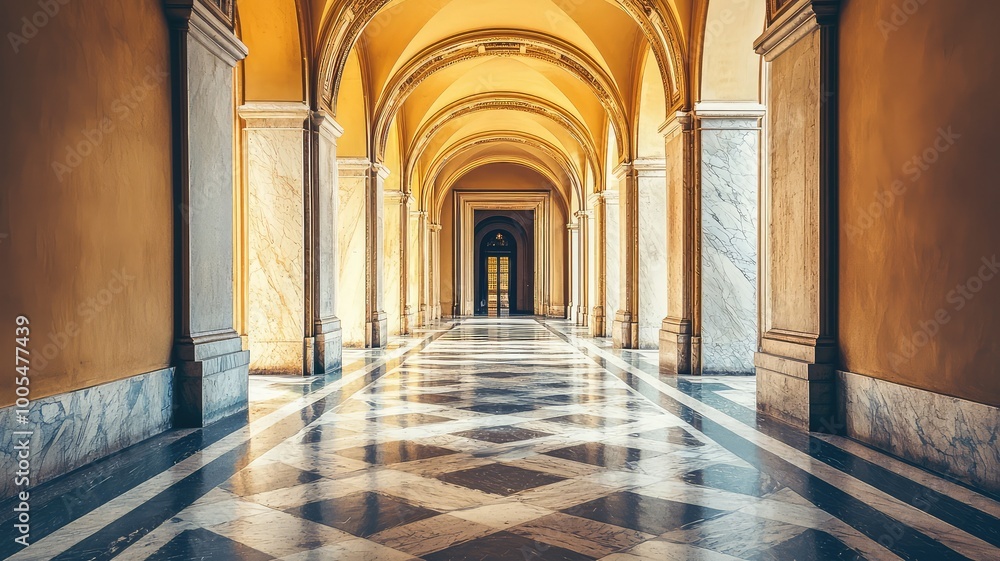Poster elegant hallway with arches, illuminated by natural light, featuring intricate patterns and warm ton