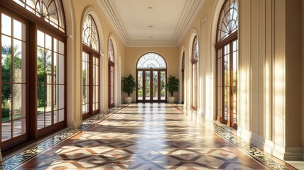 Elegant hallway featuring large arched windows, detailed woodwork, and natural light enhancing a luxurious atmosphere.