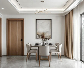Modern Chinese-style dining room with white walls, light gray floors, and a wooden door. Curtains are on the right side of the wall, and a large painting hangs above the table. Created with Ai
