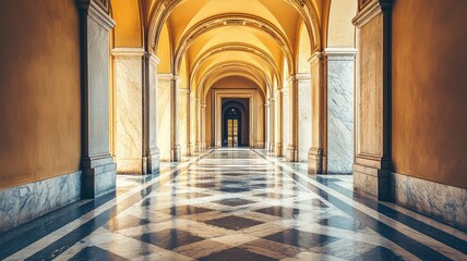 Fototapeta premium Elegant hallway with arches, illuminated by natural light, featuring intricate patterns and warm tones, creating a grand atmosphere.
